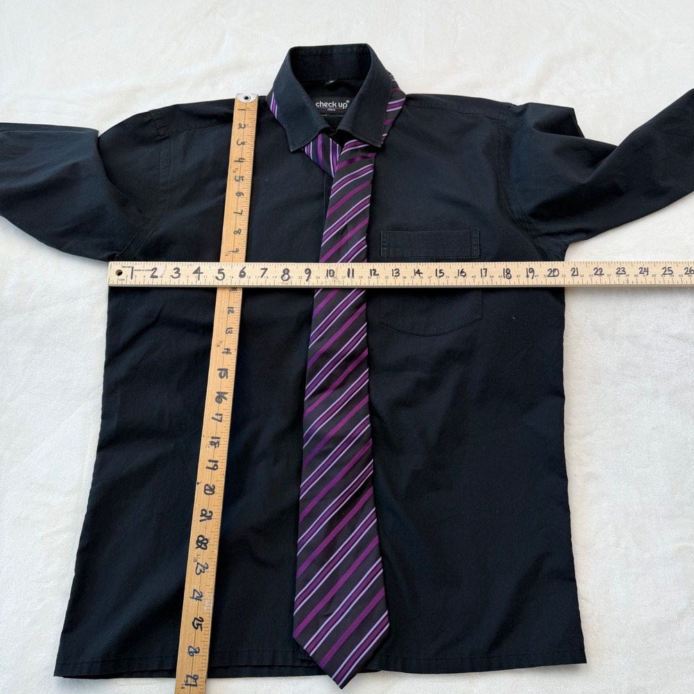 Check Up Black Button Down Shirt Purple Striped Tie Luxury Cotton Goth Size 39 - Picture 4 of 5